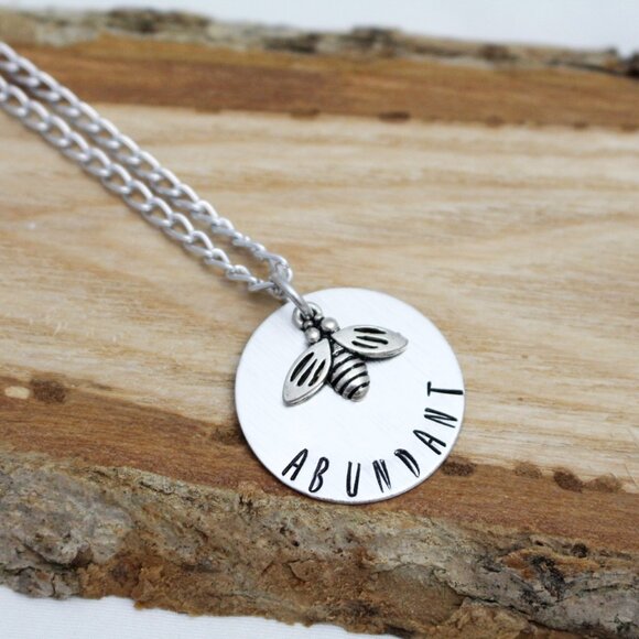 Bee Abundant - Hand Stamped Pendant Necklace - Handmade & Hypoallergenic - Picture 2 of 6